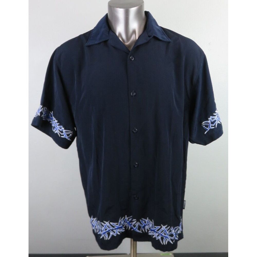 Mens Dragonfly Blue Tribal‎ Lounge Bowling Button Front Shirt Size L Polyester